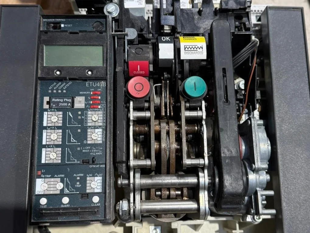 Siemens 3WL air circuit breaker as received, front cover off, operating mechanism rusted and seized