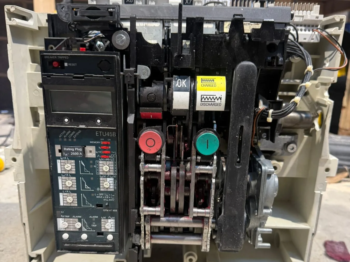 The rebuilt Siemens 3WL on the workshop bench, ETU45B trip unit refitted, mechanism rebuilt, ready for test
