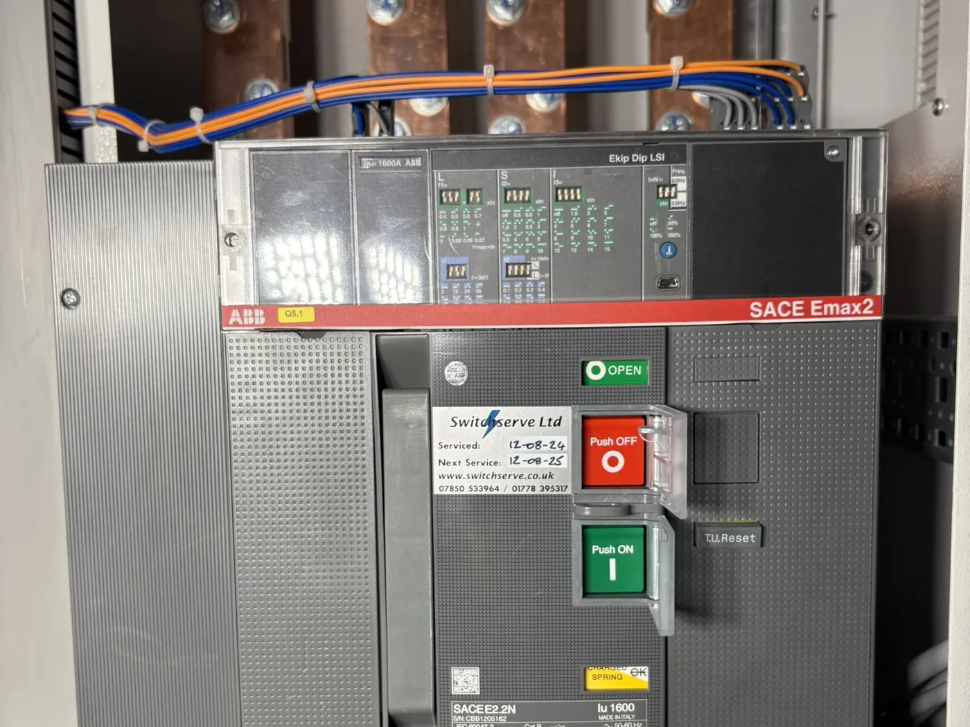 ABB SACE Emax 2 air circuit breaker installed in a low-voltage switchboard with busbars above